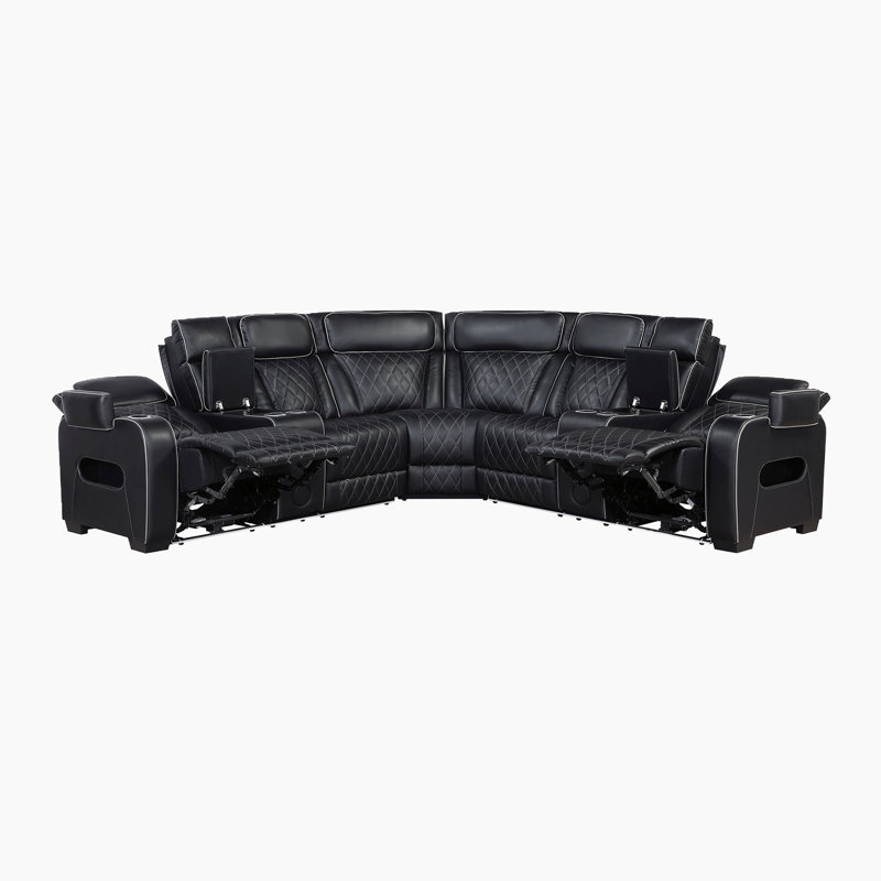 Savion 118" Modern & Contemporary 3-Piece Power Faux Leather Sectional Sofa with Dual Power Reclining & Headrest Control, Integrated Console & Wireless Speakers