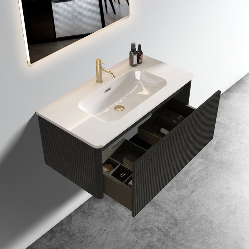 Bathroom Vanity For Modern Living - 36" With Striped Black Oak, White Ceramic Sink Pre-Assembled Brushed Oak Finish, Sink, Stylish Choice