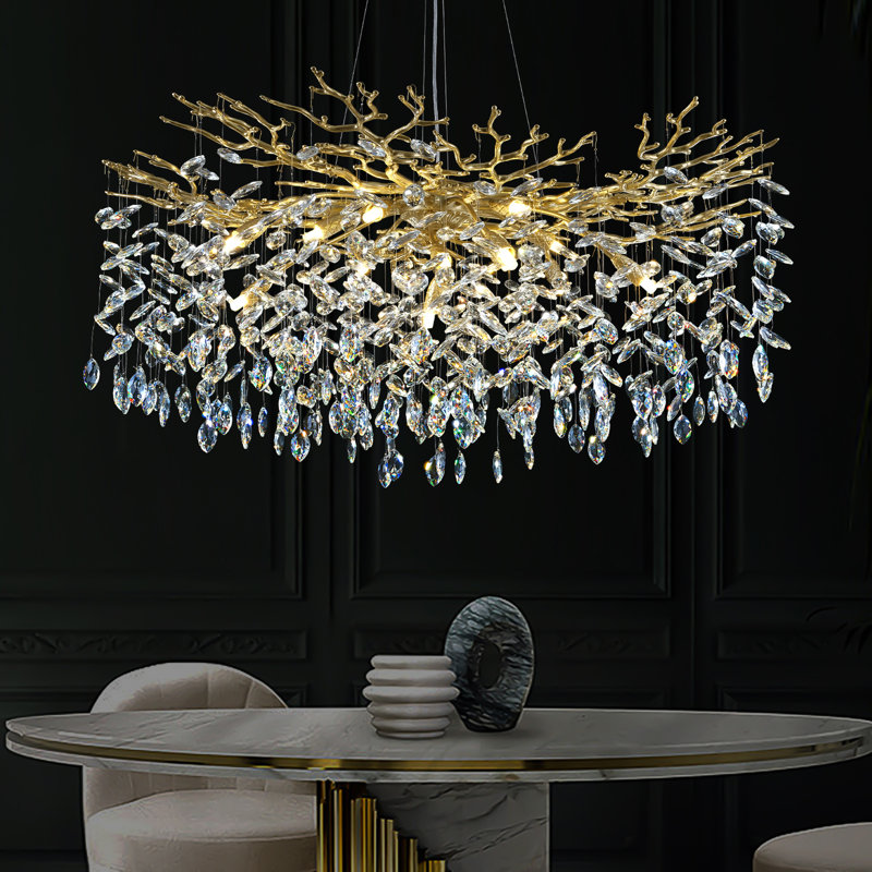 Abe 14-Light 39" Dimmable Tree Branch Crystal Chandelier Round Pendant Lights for Dining Room, Gold