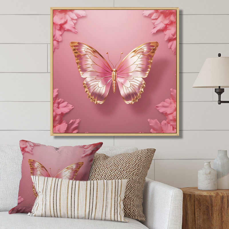 Papillon rose et or II - art mural papillon pour le salon, Cadre naturel flottant, H 30 po x l 30 po x P 1 po