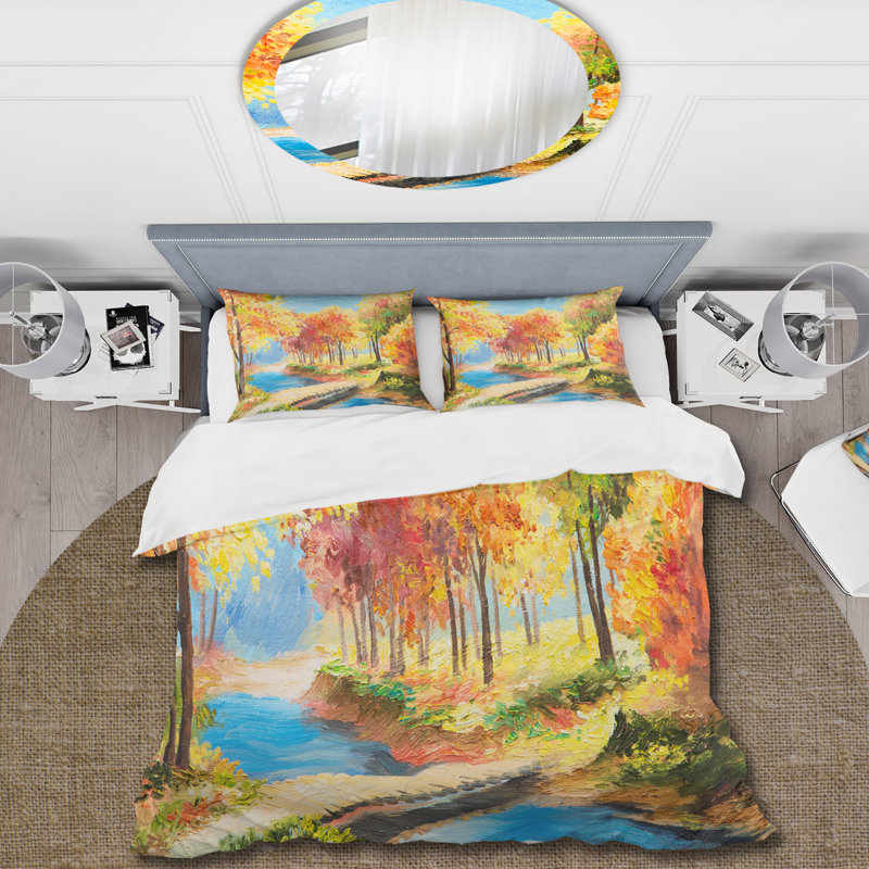 Ensemble de housse de couette Yellow and Orange Trees By The Riverside - Lake House - Microfibre de polyester