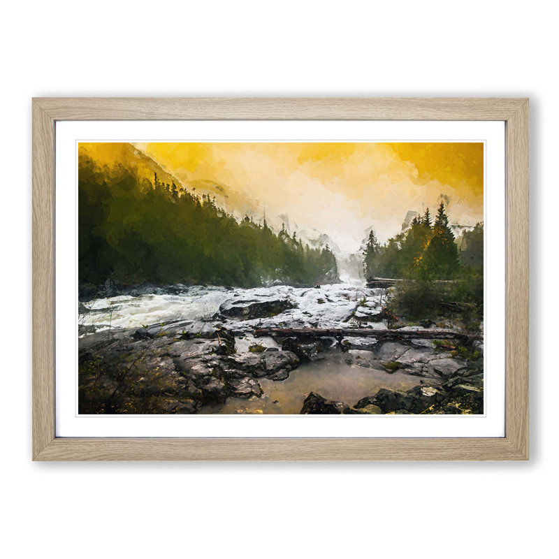 Mountain Stream View in Abstract - Picture Frame Graphic Art Print, 27cm H x 36cm W x 2cm D, Oak Framed