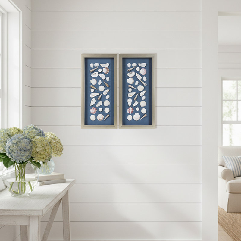 Kierslyn Natural Mixed Seashell Panel Wall Art Set with Champagne Frame - Handcrafted 2 Piece Vertical Coastal Wall Decor