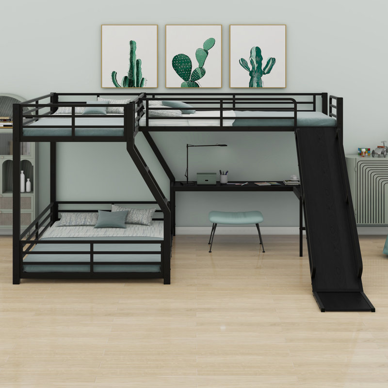 L-Shaped Bunk Bed With Loft Bed, Slide And USB Ports, Twin XL Over Queen Over Twin