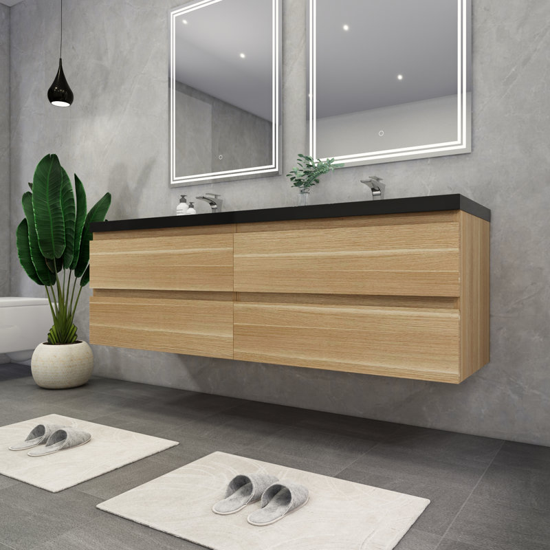 Kirker 72" Wall-Mounted Double Bathroom Vanity Set, Light Oak
