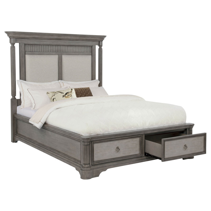 Lit plateforme de rangement rembourré Cresswell Eastern King, couleur taupe vieilli, Très grand lit