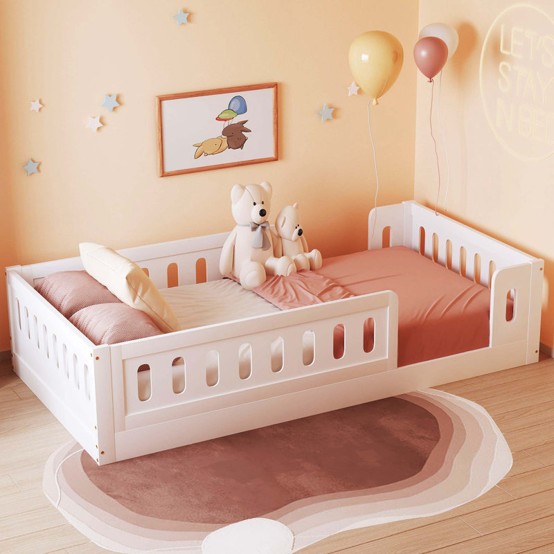 Wood Twin Size Basic Platform Bed With Full Surround Safety Guardrails, White Finish, White