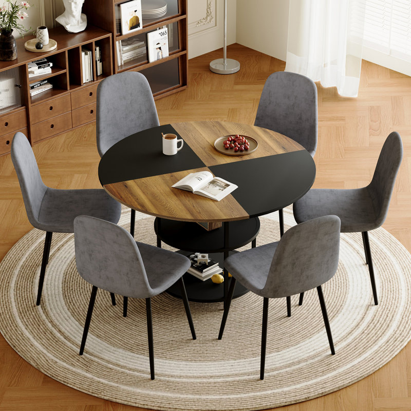 Ensemble de table et de chaises contemporain. Une table de salle à manger circulaire épissure moderne de 47,3 pouces de diamètre - rangement double couche. Elle est jumelée à 6 chaises en tissu de lin gris foncé.