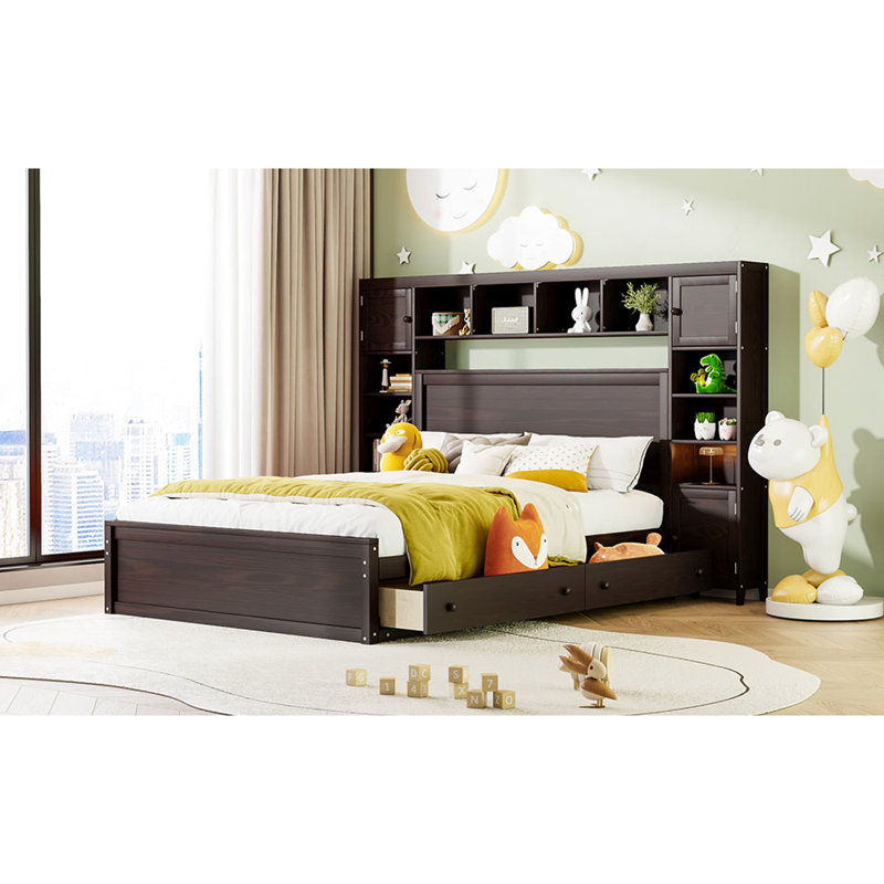 Grand lit avec stabilité et charme en bois massif - Armoire intégrée, configuration de prise de tablette, espaces de rangement polyvalents