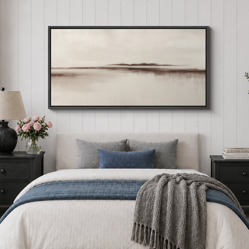 «Minimalist Neutral Horizon Abstract Landscape Calm», très grande impression sur toile encadrée, H 30 po x l 60 po, Noir