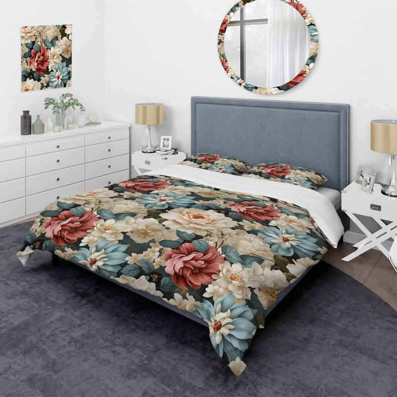 Beige Vintage Charm Floral Pattern II - Ensemble de housse de couette à motif floral