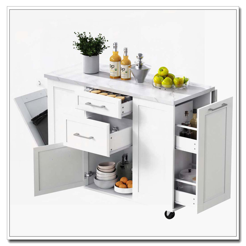Îlot de cuisine roulant avec rangement et poubelle inclinable, Blanc