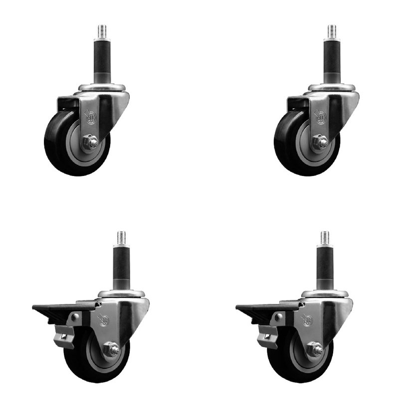 Ensemble de roulettes extensibles pivotantes en poly sur roulettes 2 freins SCC PLB 3 po x 1 po, Noir