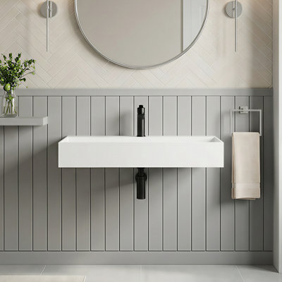 30'' Wall Mounted Bathroom Sink Solid Surface Rectangular Vessel Sink With Faucet Hole