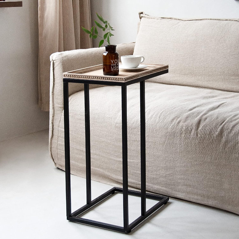 Farmhouse C Table Couch End Table Distressed Beaded Edge Tray Top Side Table, Black