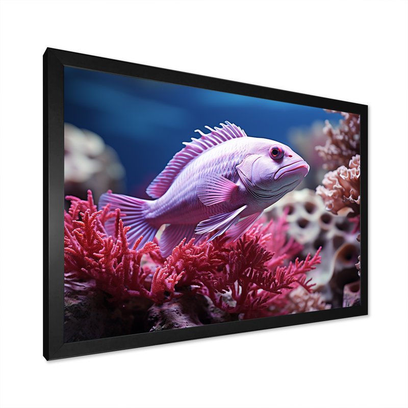 «Purple Fish Dance In Coral» sur toile, Cadre simple noir, H 34 po x l 44 po x P 1,5 po