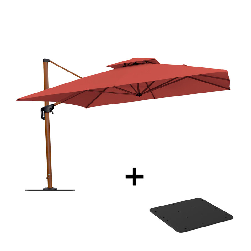 Parasol en porte-à-faux carré en bois de 132 po avec base en tôle d'acier, rouge brique, Rouge brique