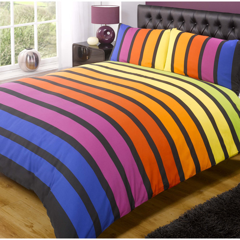 Striped Duvet Cover with Pillowcases Included, Yellow/Orange/Red, Kingsize Duvet Cover + 2 Standard Pillowcases