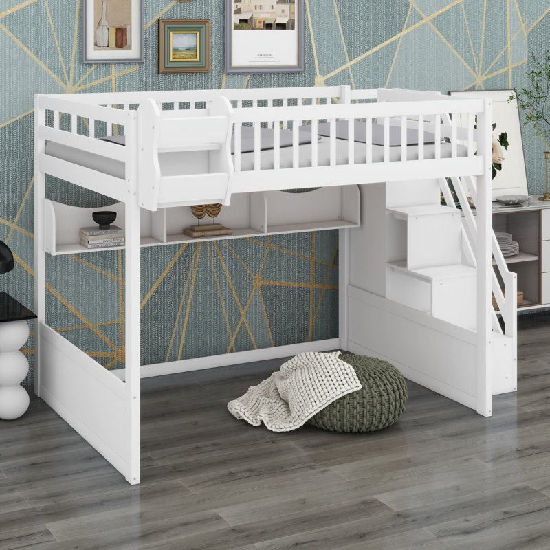 Ebern Designs Wooden Loft Bed With Staircase And Wardrobe - Wayfair Canada