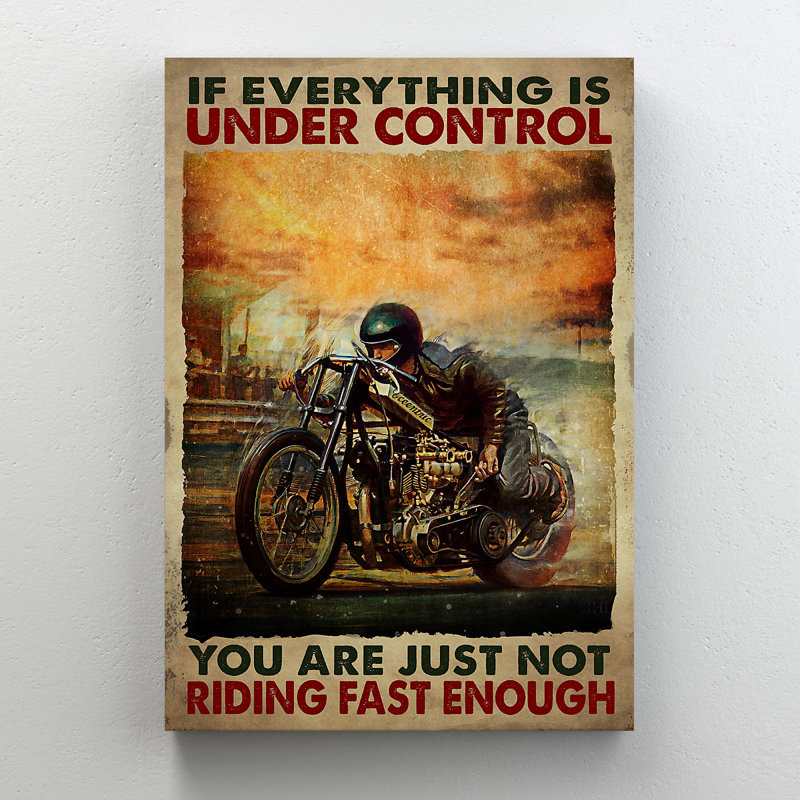 «Man Riding Motorbike» - si tout est sous contrôle, toile tendue avec châssis - transport Illustration décor, décor de salon brun et orange