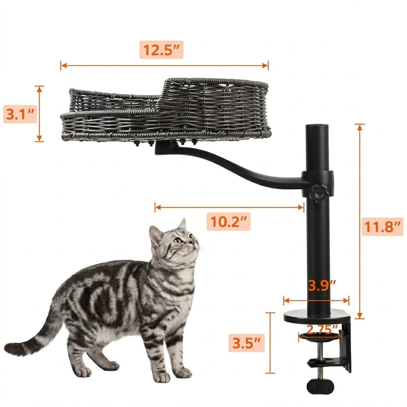Support de lit pour chat avec hauteur réglable, perchoir de bureau pour chat en rotin pouvant supporter 30 lb, accessoire de bureau pivotant à 360 ° pour bureau à domicile, comprend 1 lit