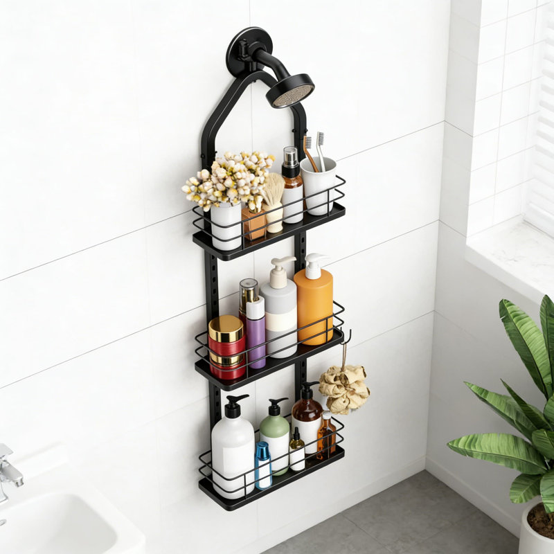 Support de douche réglable au-dessus de la tête de douche, organisateur de douche à 3 niveaux anti-balançoire avec acier inoxydable résistant à la rouille, support de rangement de salle de bain robuste pour les essentiels de shampooing et de bain