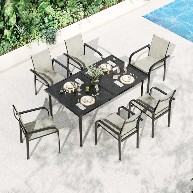 7 - Piece Patio Dining Set for 6: 55" Rectangle Table + 6 Textilene Chairs with Iron Armrests, Ideal for Lawn, Porch, Balcony, Poolside