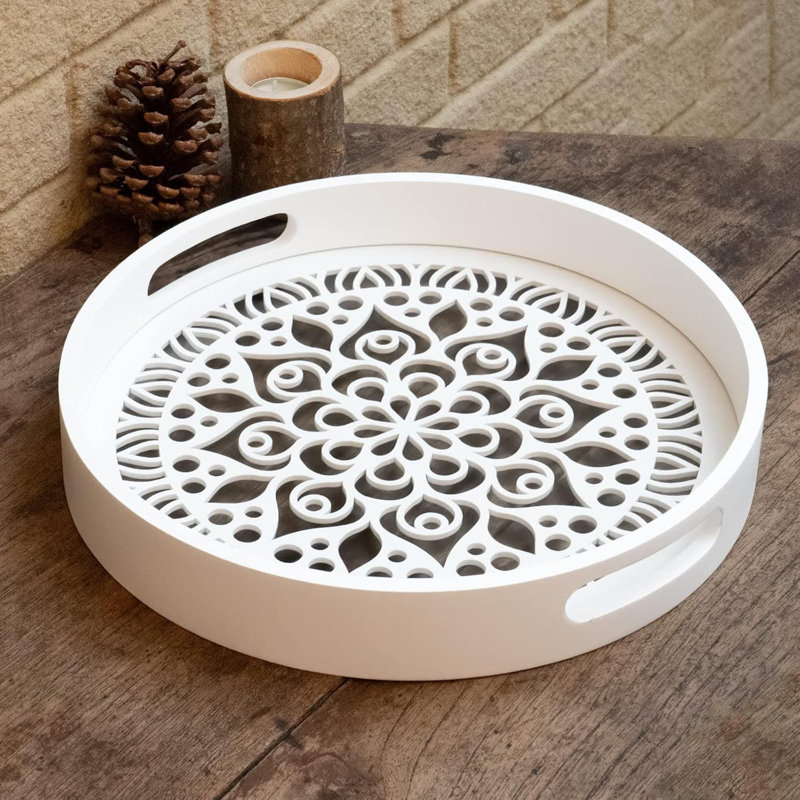 12" Round White Wooden Decorative Tray with Handles – Serving & Decor for Coffee Table, Ottoman, Counter