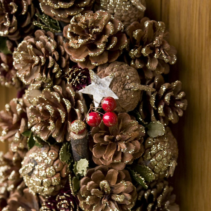 Christmas Hanging Wreath Large - Festive Pine Cone Display with Gold Frosting, 48cm x 48cm