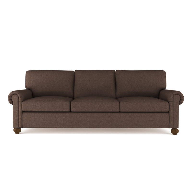 Leroy Rolled Panel-Arm Sofa with Bun Feet, 36" H x 84" W x 49" D, Box Weave Linen Bluebell, Dark Brown