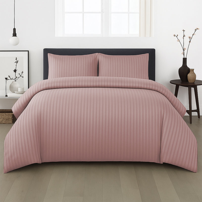 Microfiber Stripe Duvet Complete Set With Striped Pillows & Fitted Sheet, Double Duvet +1 Fitted Sheet +2 Pillowcases, Peach