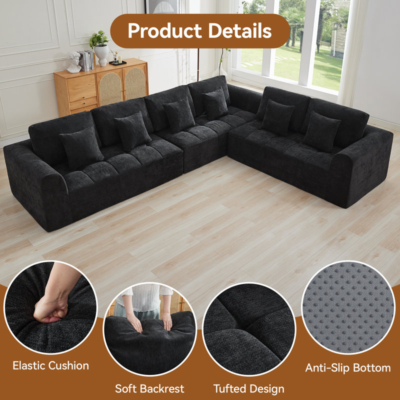 Oversized Boneless L-Shape Sectional Sofa, Modular Compressed Cloud Couch with Memory Foam, No Assembly Needed, 6
