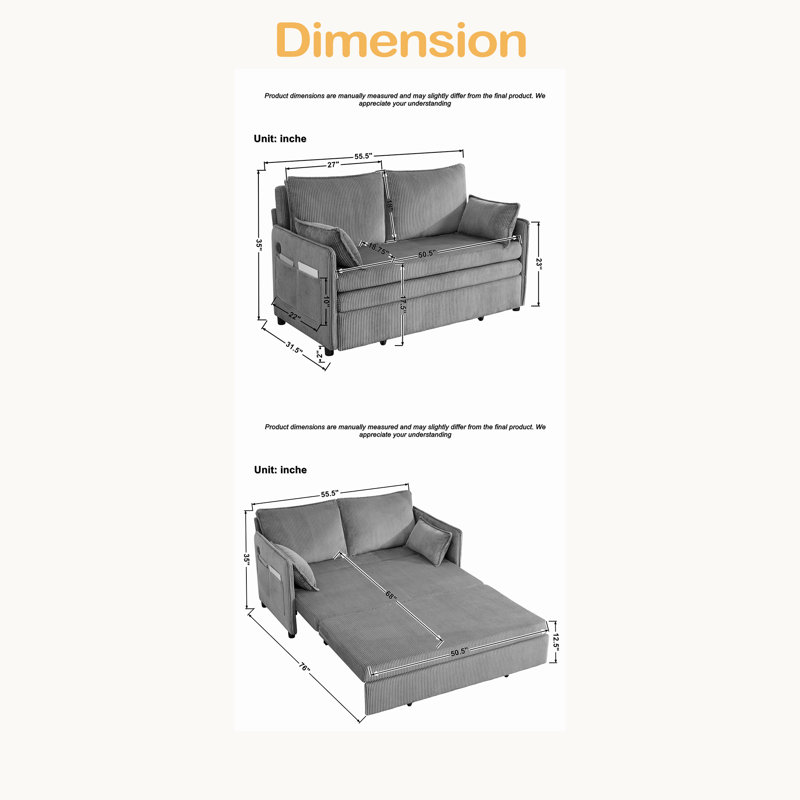 Canapé-lit convertible de 55,5 po, lit escamotable, canapé 3 en 1 avec poche latérale et ports USB, canapé en velours côtelé moderne pour le salon, petit espace, appartement