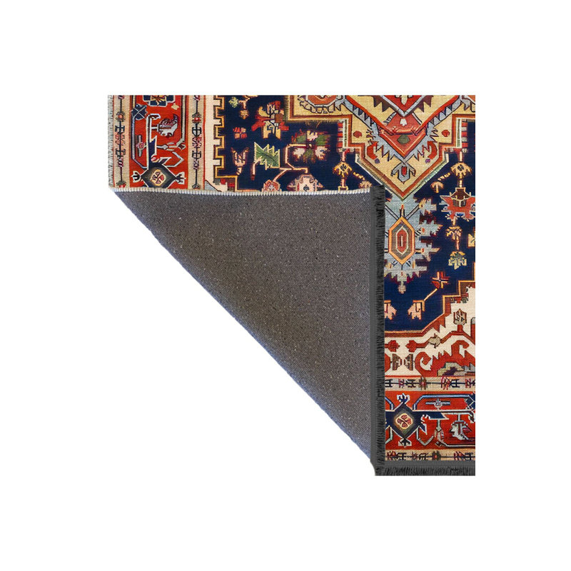 Tapis décoratif noir traditionnel à motif ethnique traditionnel lavable à la machine, Rectangle 4 pi 7 po x 6 pi 7 po