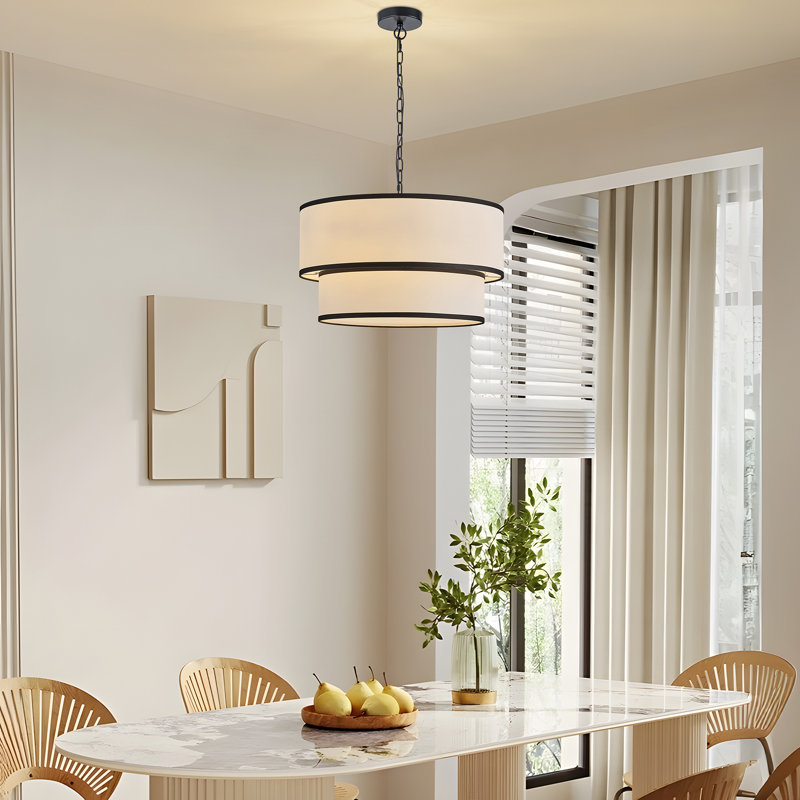Lustre tambour en lin blanc moderne 5 lumières Agathon pour salle à manger, Noir mat
