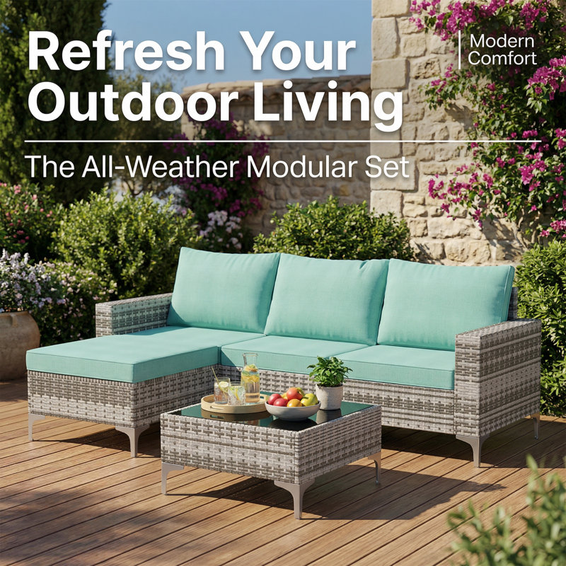 5-Piece Outdoor Patio Wicker Conversation Furniture Set With Cushions, Gray, Green