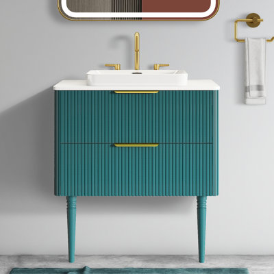 Meuble-lavabo de 30 po en aigue-marine, autoportant pour salle de bain moderne, rangement, finition rouille spacieuse exceptionnelle