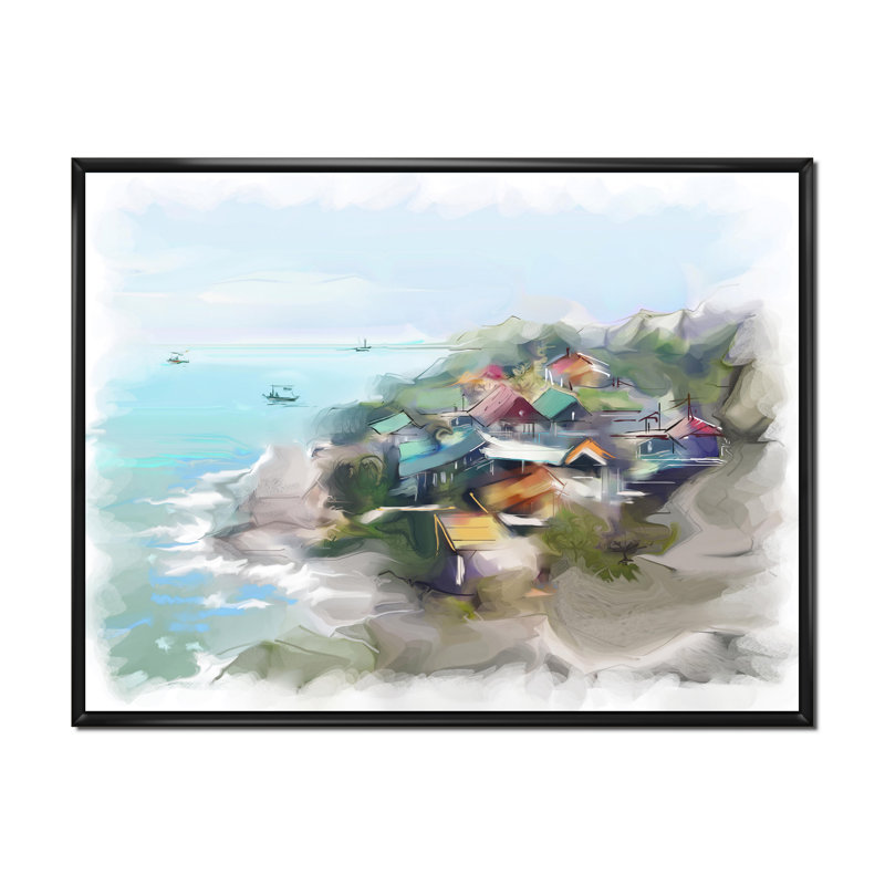 Maison de rêve par le paysage marin - peinture sur toile, H 24 po x l 32 po, Toile à cadre flottant noir
