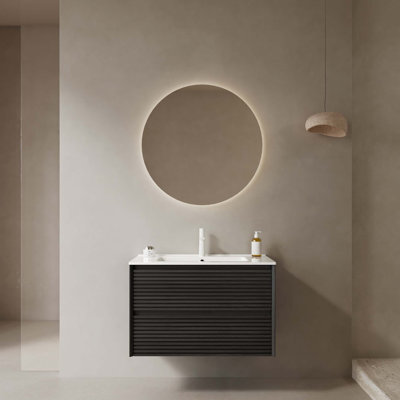 Meuble-lavabo de salle de bain avec lavabo, armoire de rangement murale en contreplaqué flottant avec tiroirs, lavabo en céramique blanche avec couvercle et trou de lavabo, pré-assemblé
