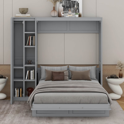 Lit escamotable double avec tablettes, garde-robe et lumières DEL