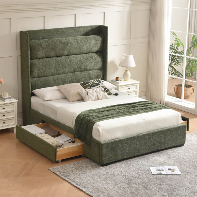 Upholstered Platform Bed With Tall Headboard And Spacious Solid Wood Drawers, Green, Queen