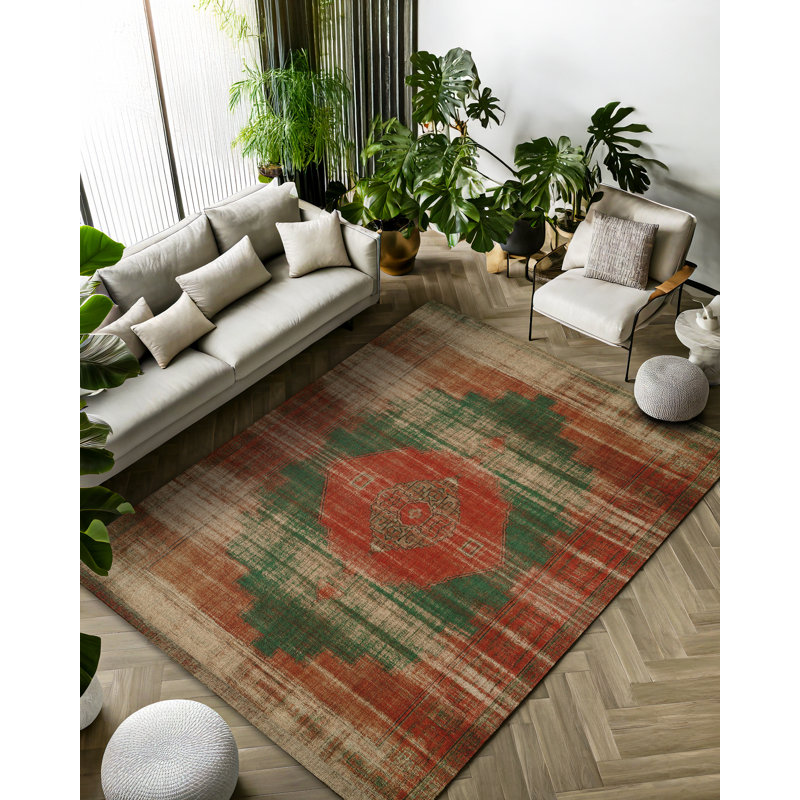 Anatolia Collection Digital Print Cotton-Polyester Green Red Oriental Rug, Runner 3'4" x 9'11"