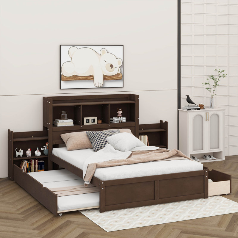 Lit plateforme double avec tablettes coulissantes, Espresso