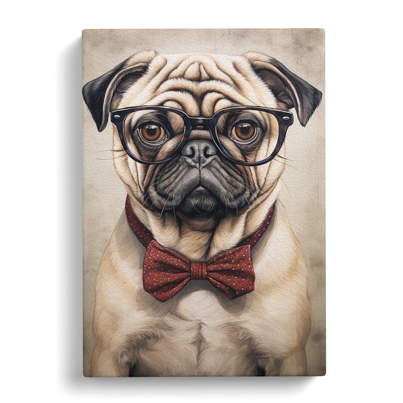 Pug with Glasses Painting - Wrapped Canvas, 60cm H x 40cm W x 3cm D