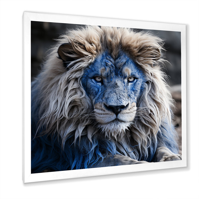 Décoration murale lion monarque énigmatique bleu, H 30 po x l 30 po x P 1,5 po, Cadre simple blanc