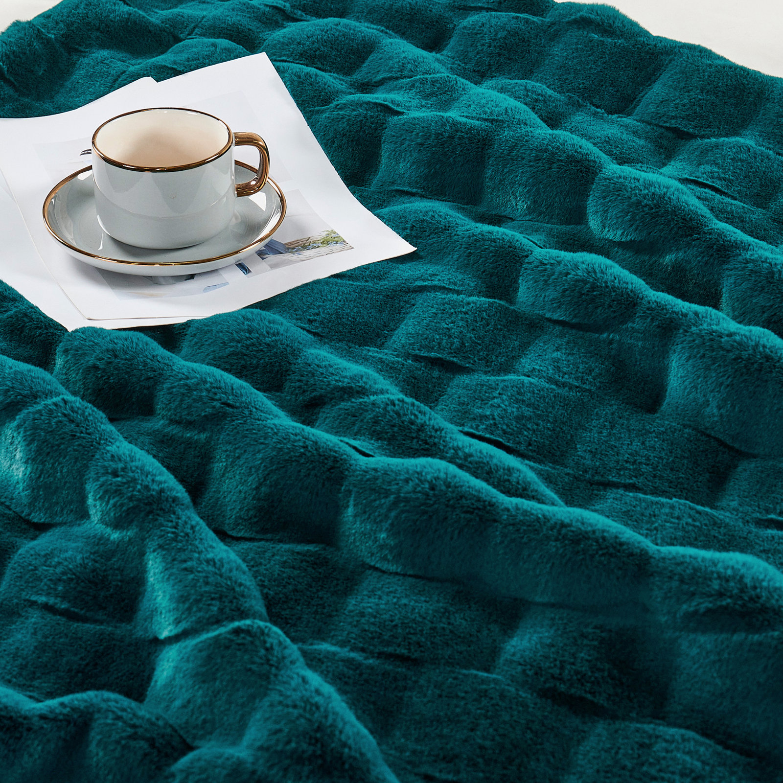 Biscoe Faux Fur Knitted Throw Blanket, Teal, 50"W x 70"L