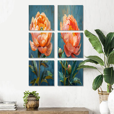 Pink Blue Vibrant Peonies Bloom - Peonies Wall Decor Set Of 6