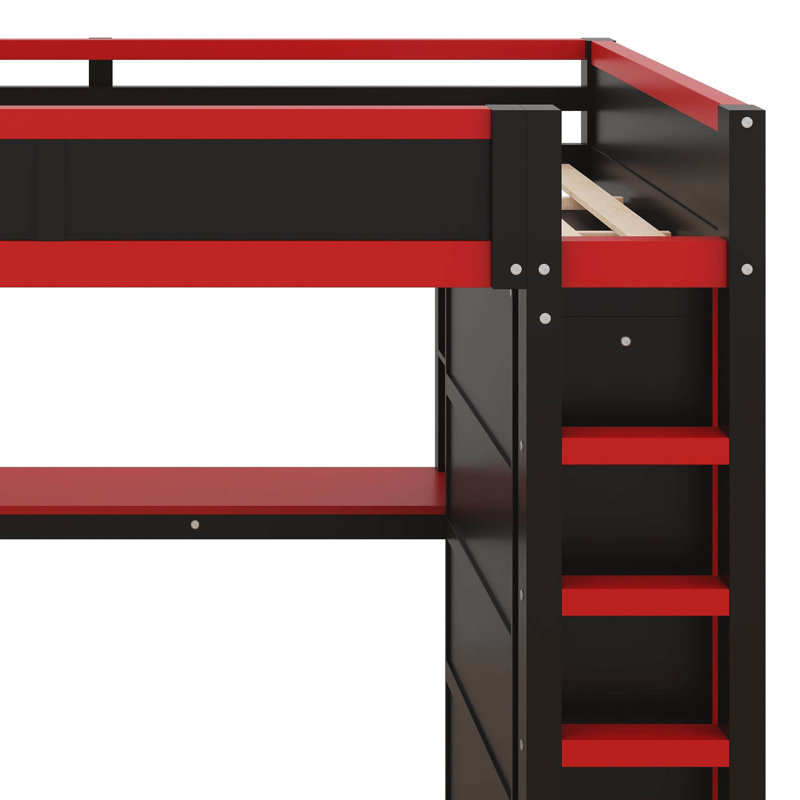 Lit mezzanine en bois avec garde-robe et bureau, tête de lit avec rangement et port USB