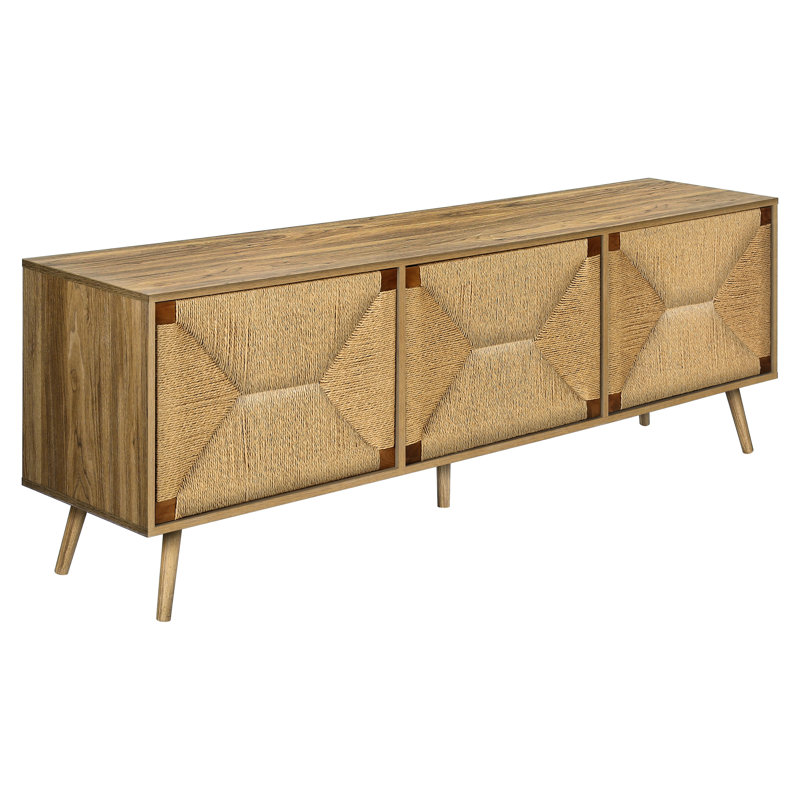 Meuble télé Mid-Century 72 po pour meuble télé, armoire en stratifié noyer et ruppie maritime naturelle, 3 compartiments, tablette réglable, trous pour câbles, pieds robustes, loquet, simple