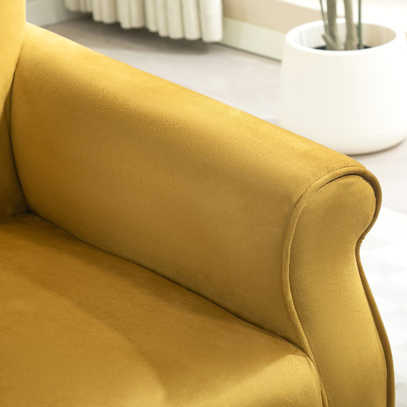 Fauteuil à oreilles Mid-Century moderne avec pieds robustes en bois, Mustard yellow